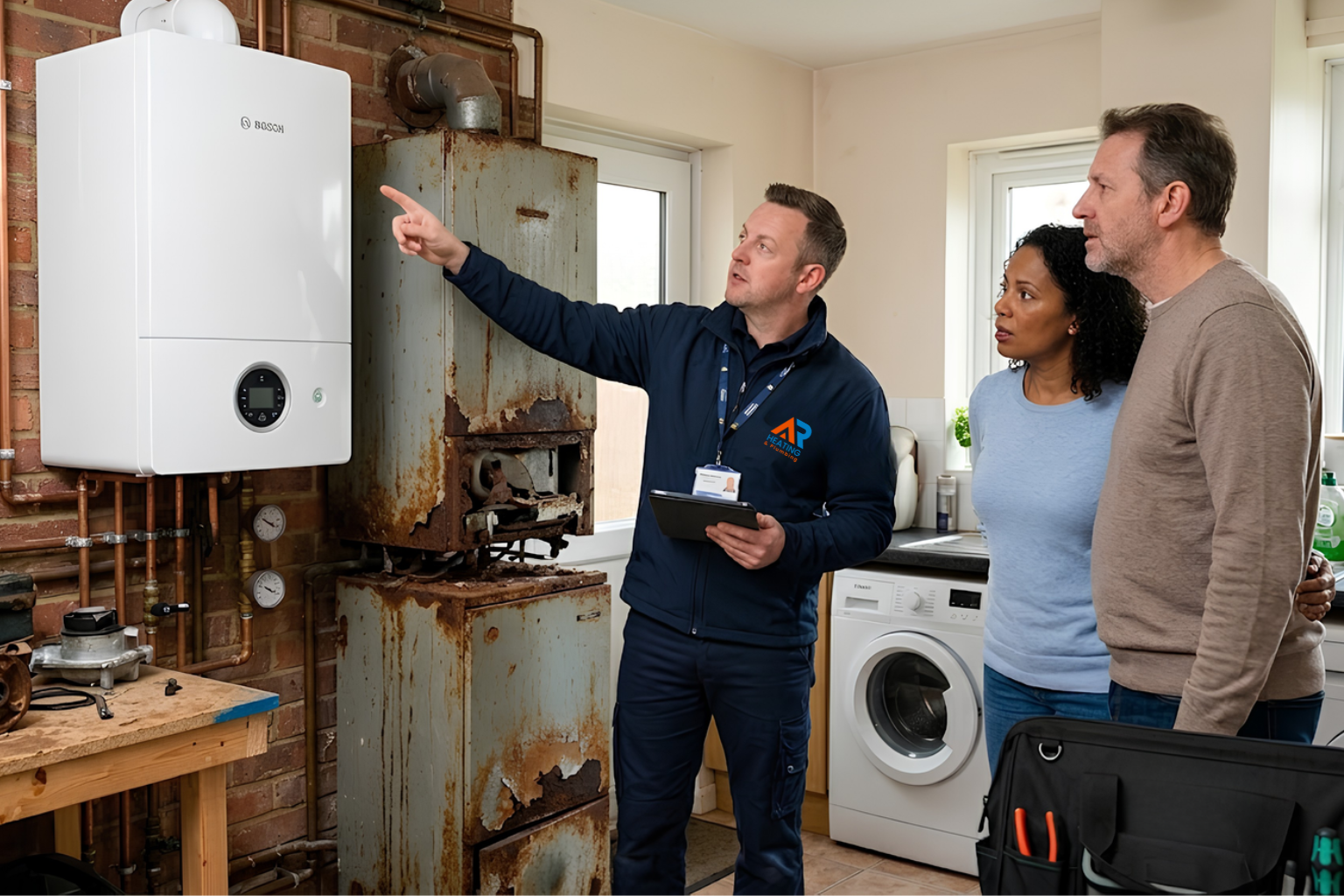 Old boiler being assessed for repair or replacement